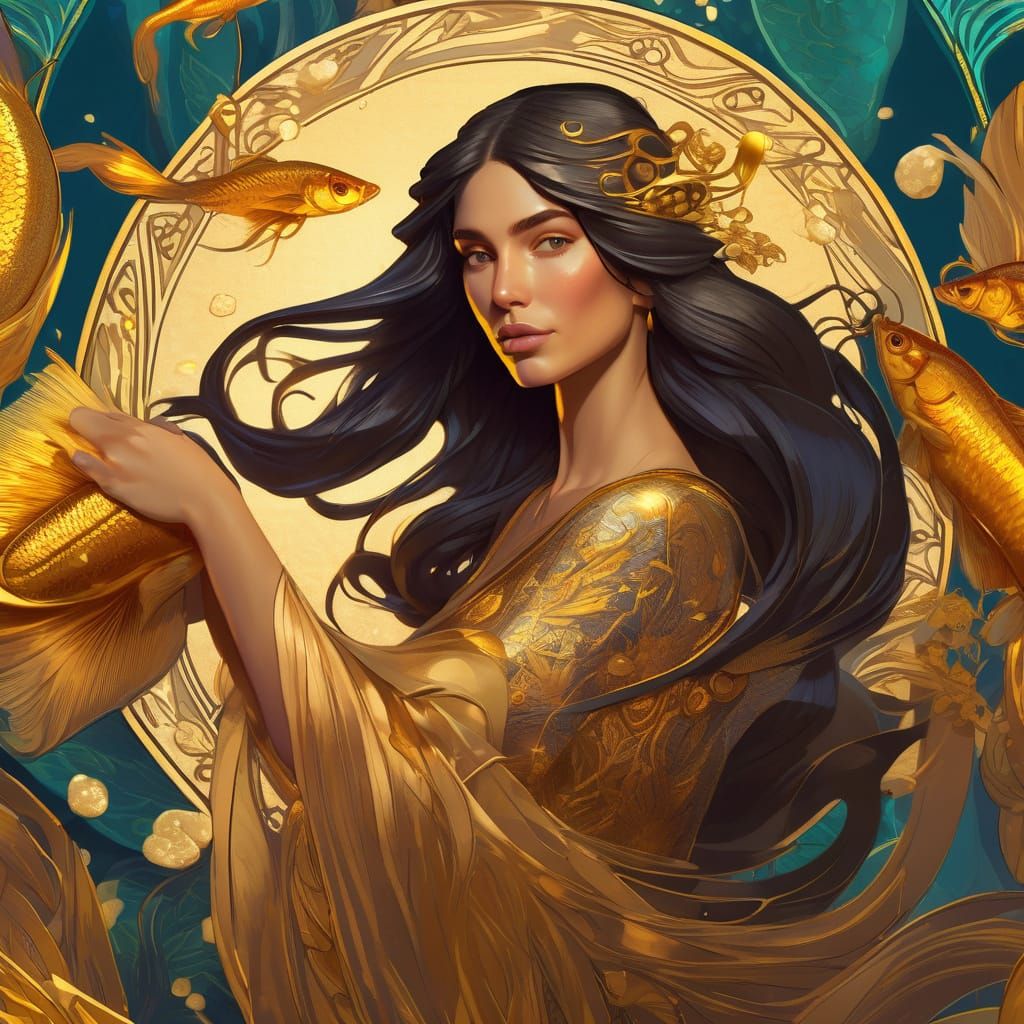 Virgo Woman Riding a Golden Betta Fish in Mucha Style