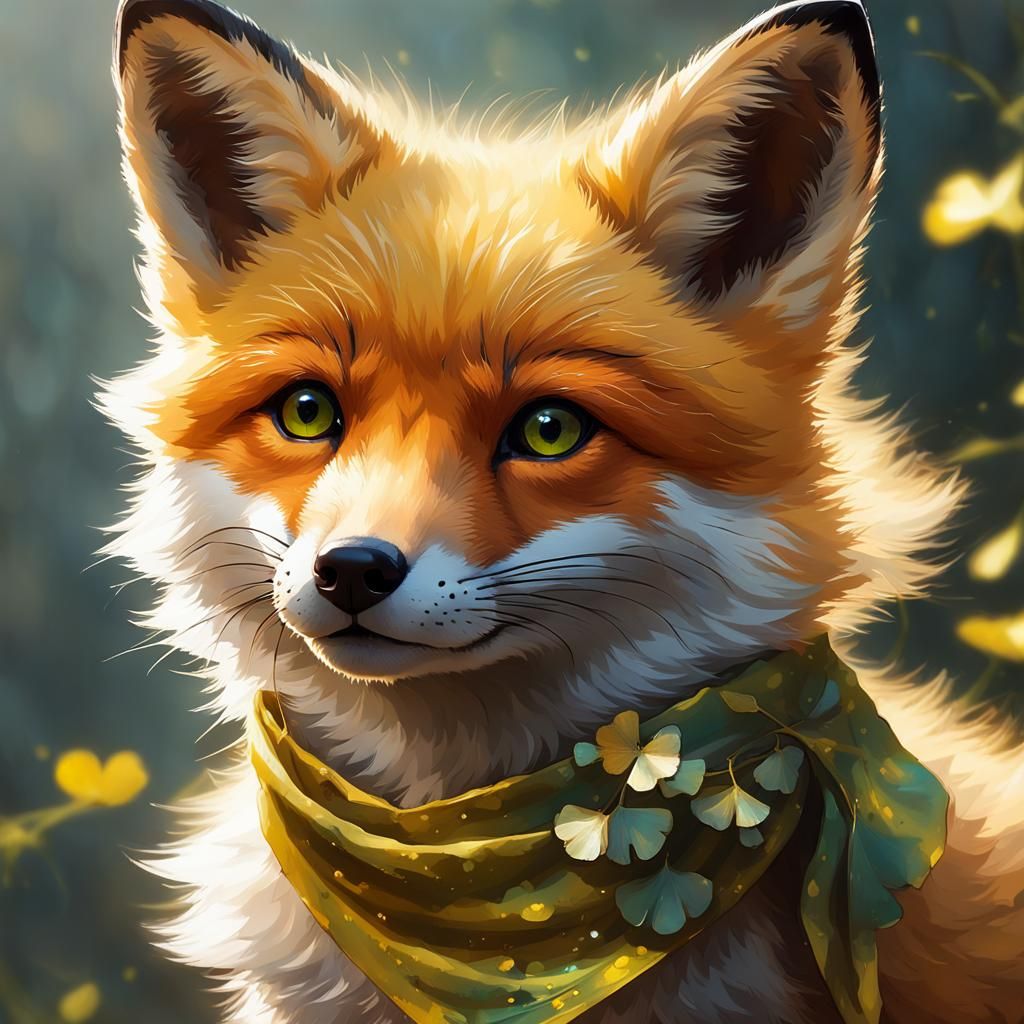 Fox Pup Portrait with Ginkgo Leaf Pin