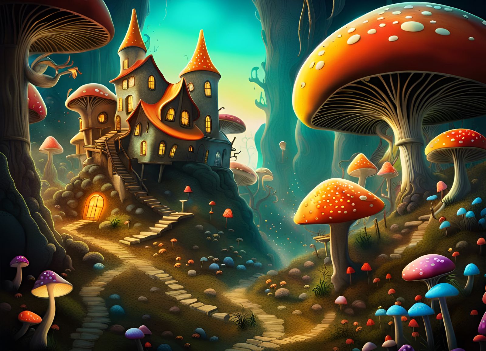 Surreal Mushroom Forest with Fairy City, Dali Style