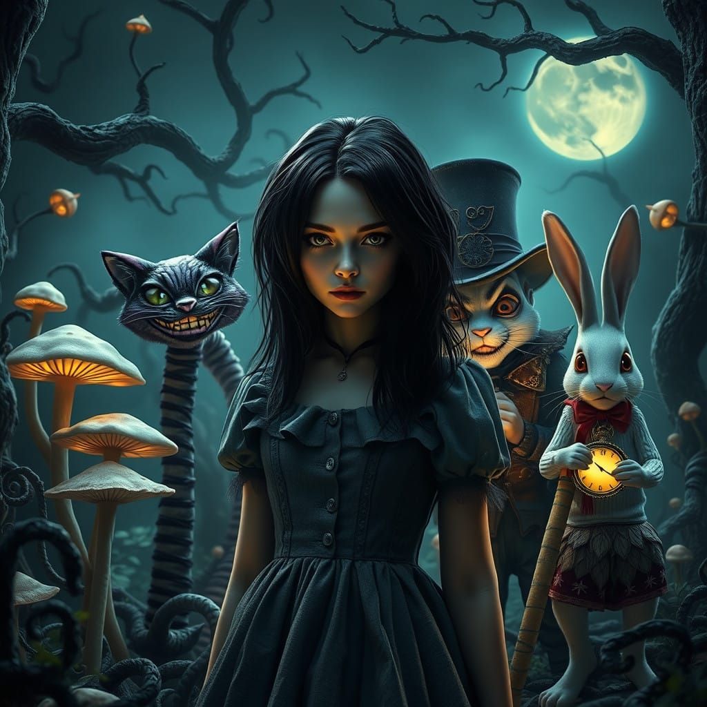 Whimsical Surrealism: Mysterious Woman in Moonlit Wonderland