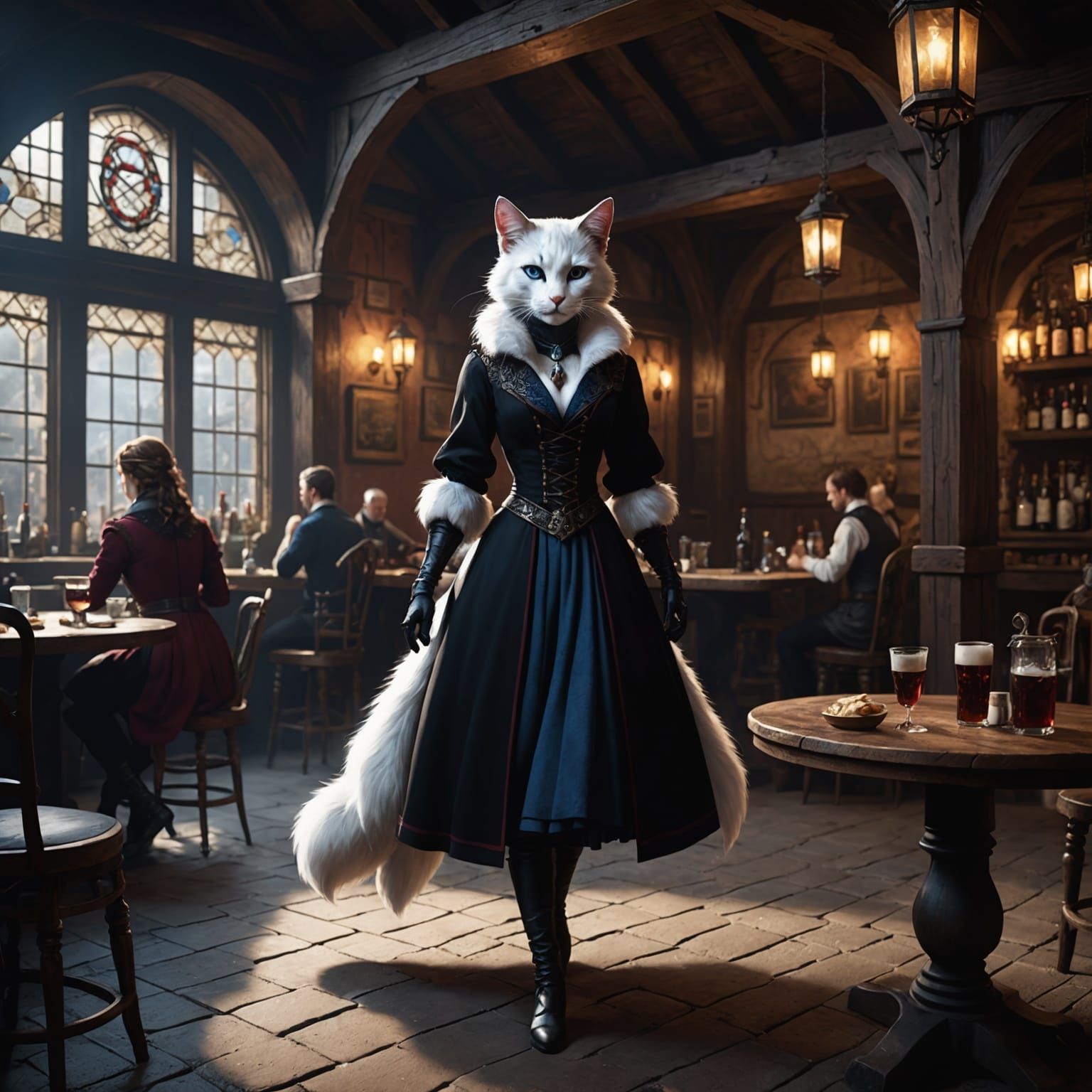 Aurora Catfolk Innkeeper in a Fantastical Tavern Setting