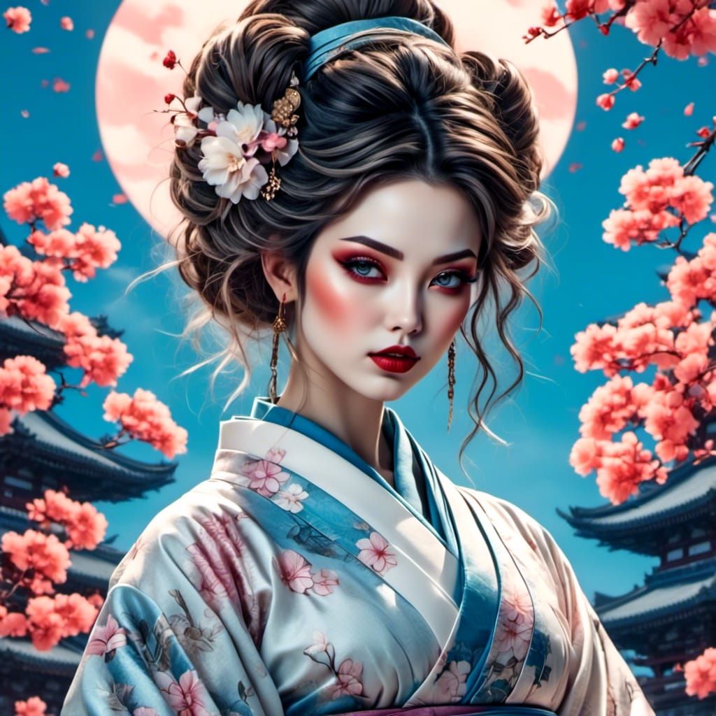 Geisha in Cherry Blossoms: Ukiyo-e Synthwave Fusion