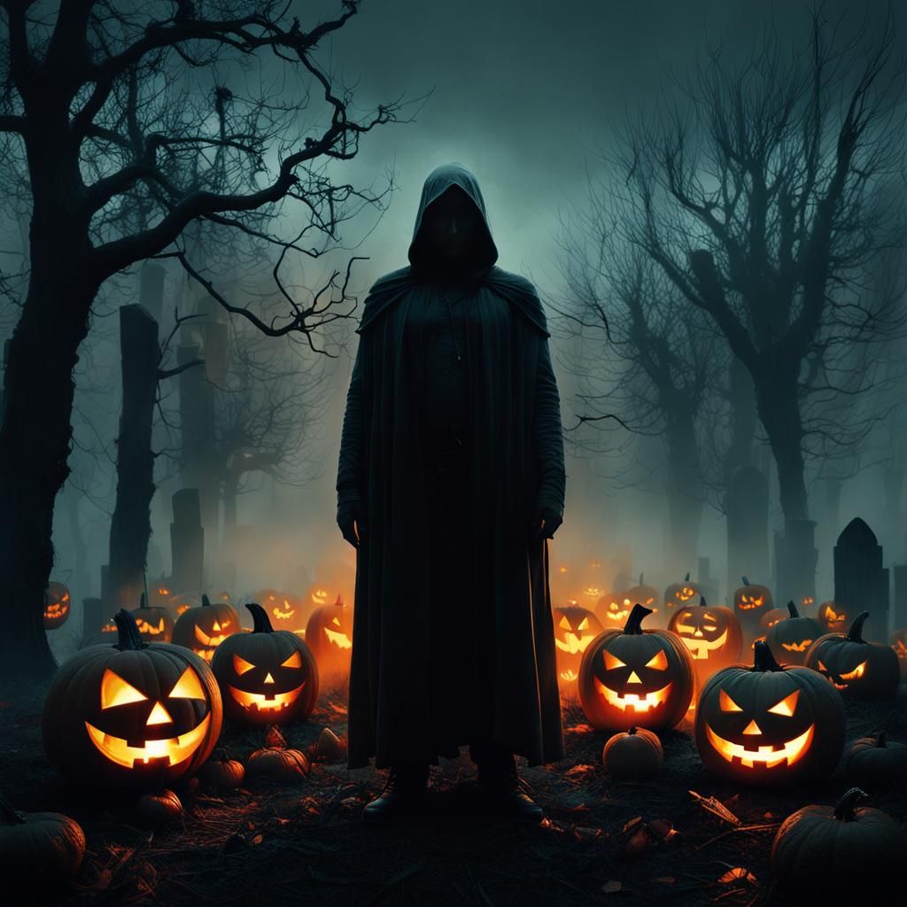 Jack-o-Lantern in Fog: Double Exposure Cemetery Art