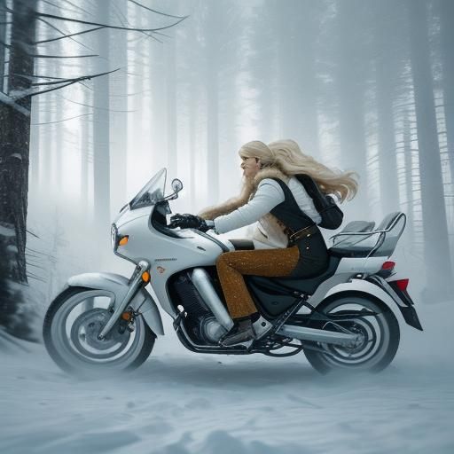 Winter's Blonde Goddess on Snowy Motorcycle Chase