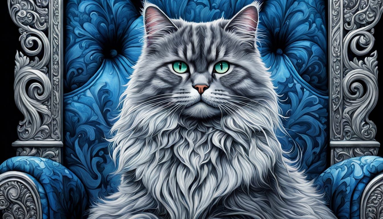Blue Siberian Cat on Throne: Comic Book Art