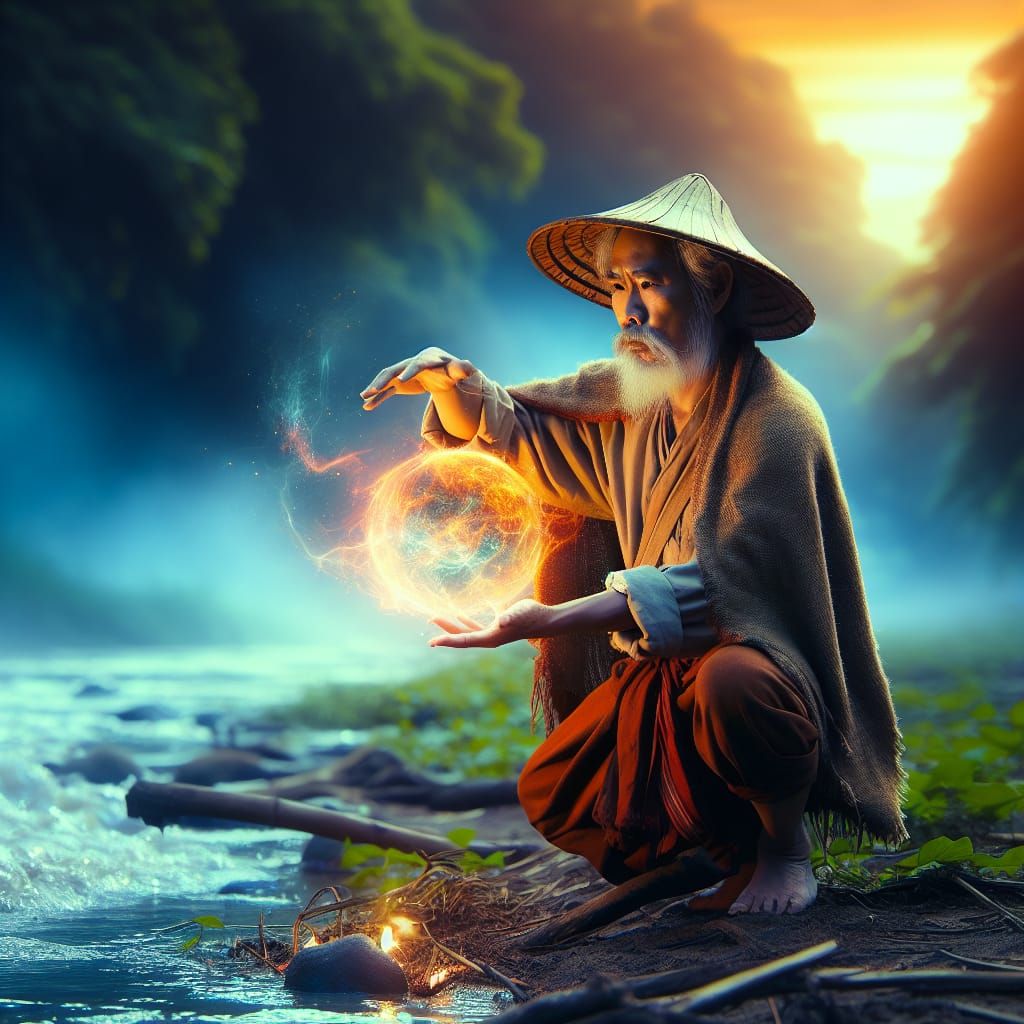 Thai Sorcerer Casting Spell by Riverbank