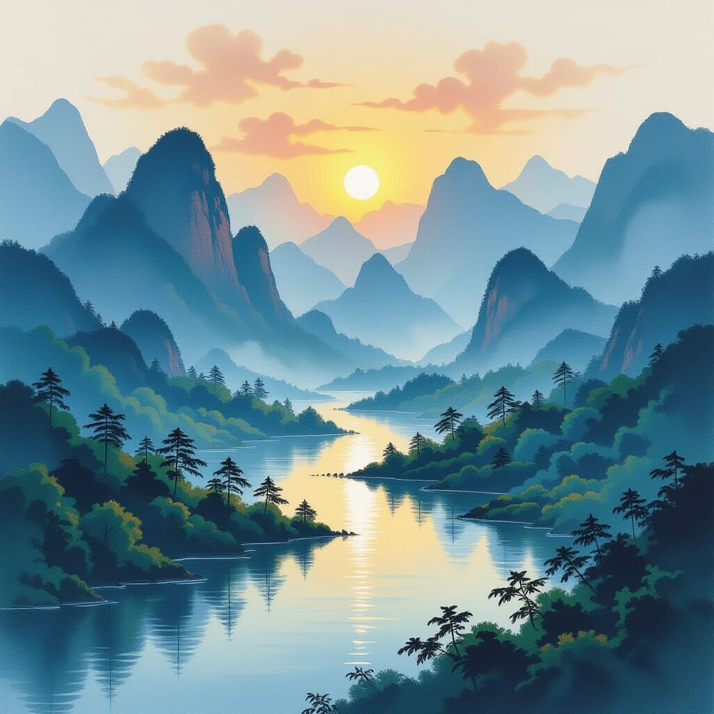 Chinese Mountain Landscape Inspired by Zao Wou-Ki