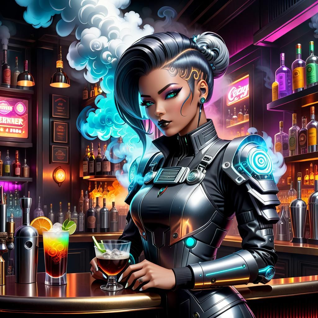 Cyborg Bartender in Cozy Cyberpunk Bar