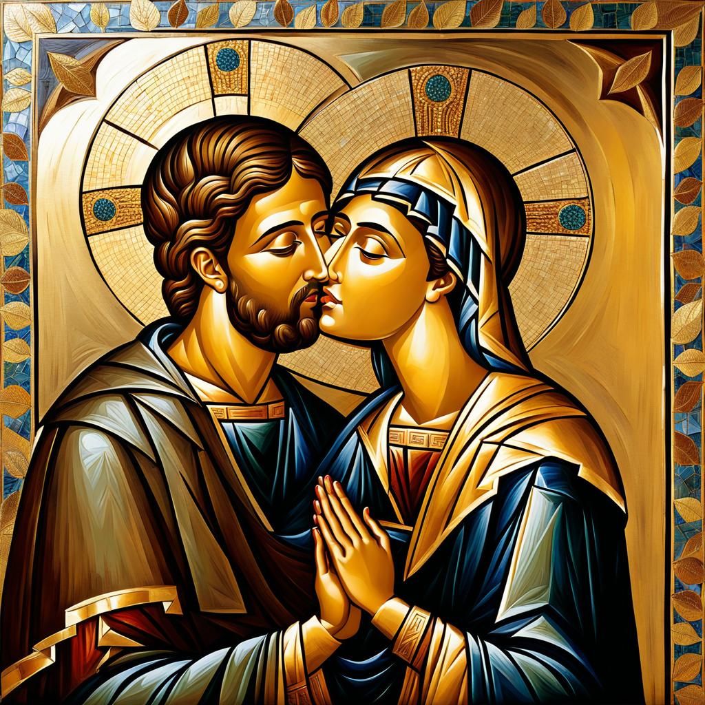 Byzantine Icon Style Kiss with Gold Leaf