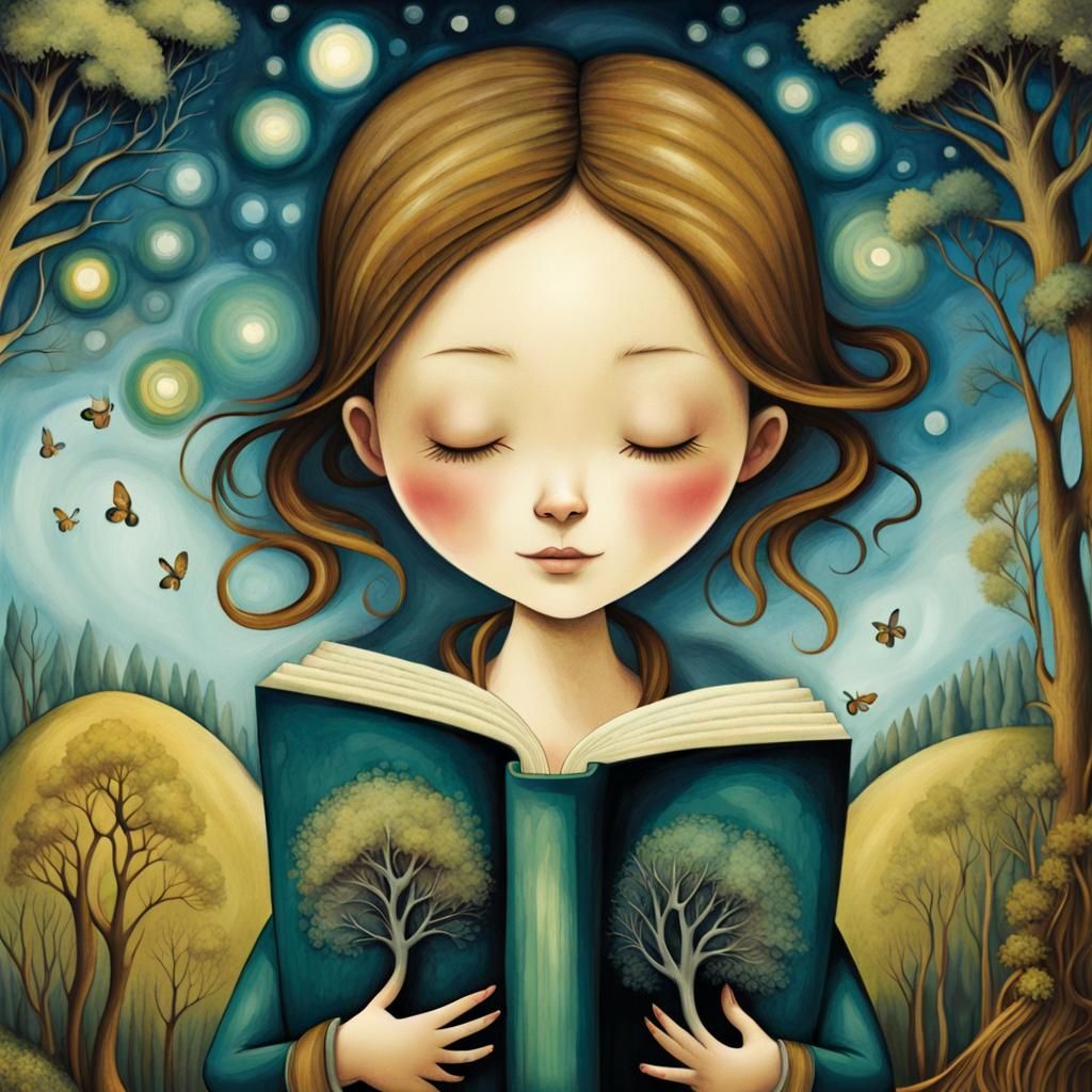 Girl Climbing Hill in Whimsical Storybook Landscape