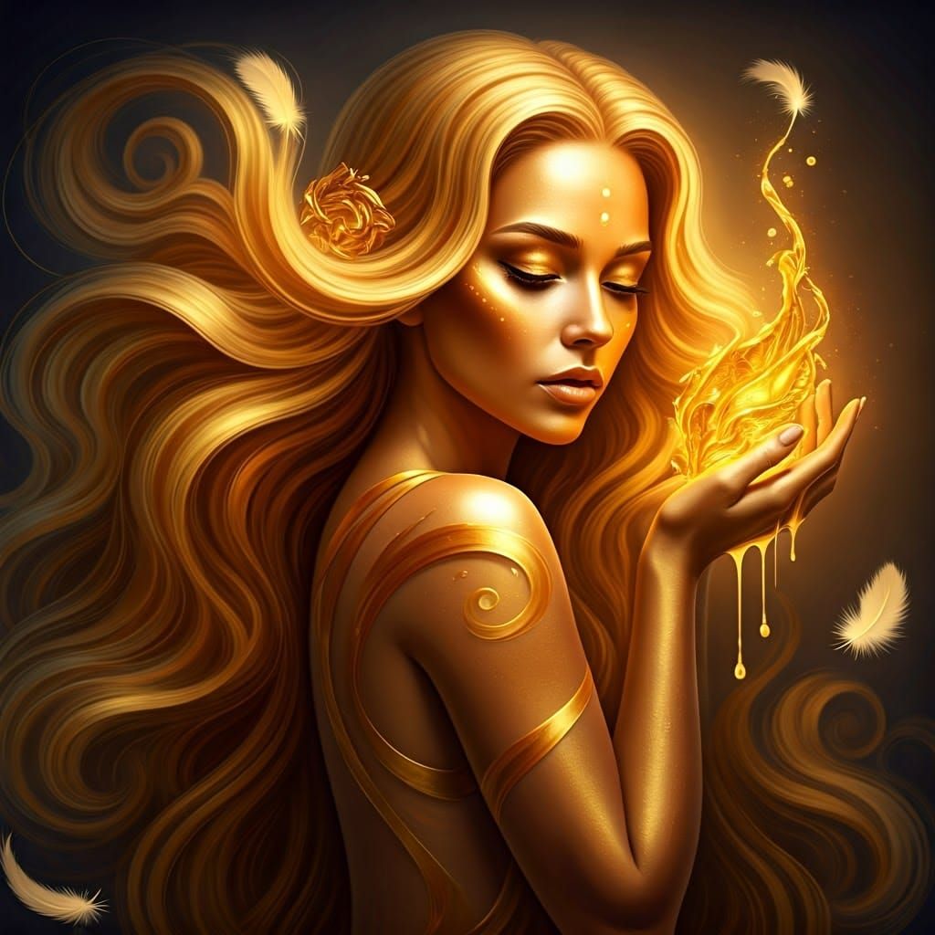 Golden Woman with Ribbons in Ethereal Ambiance