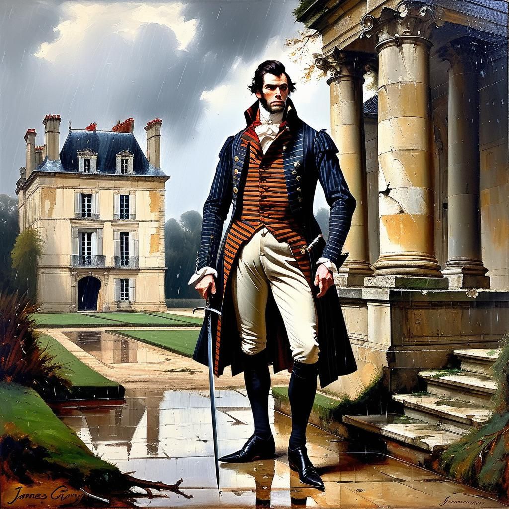 Elegant Dandy with Rapier in Rainy Chateau, Oil Painting
