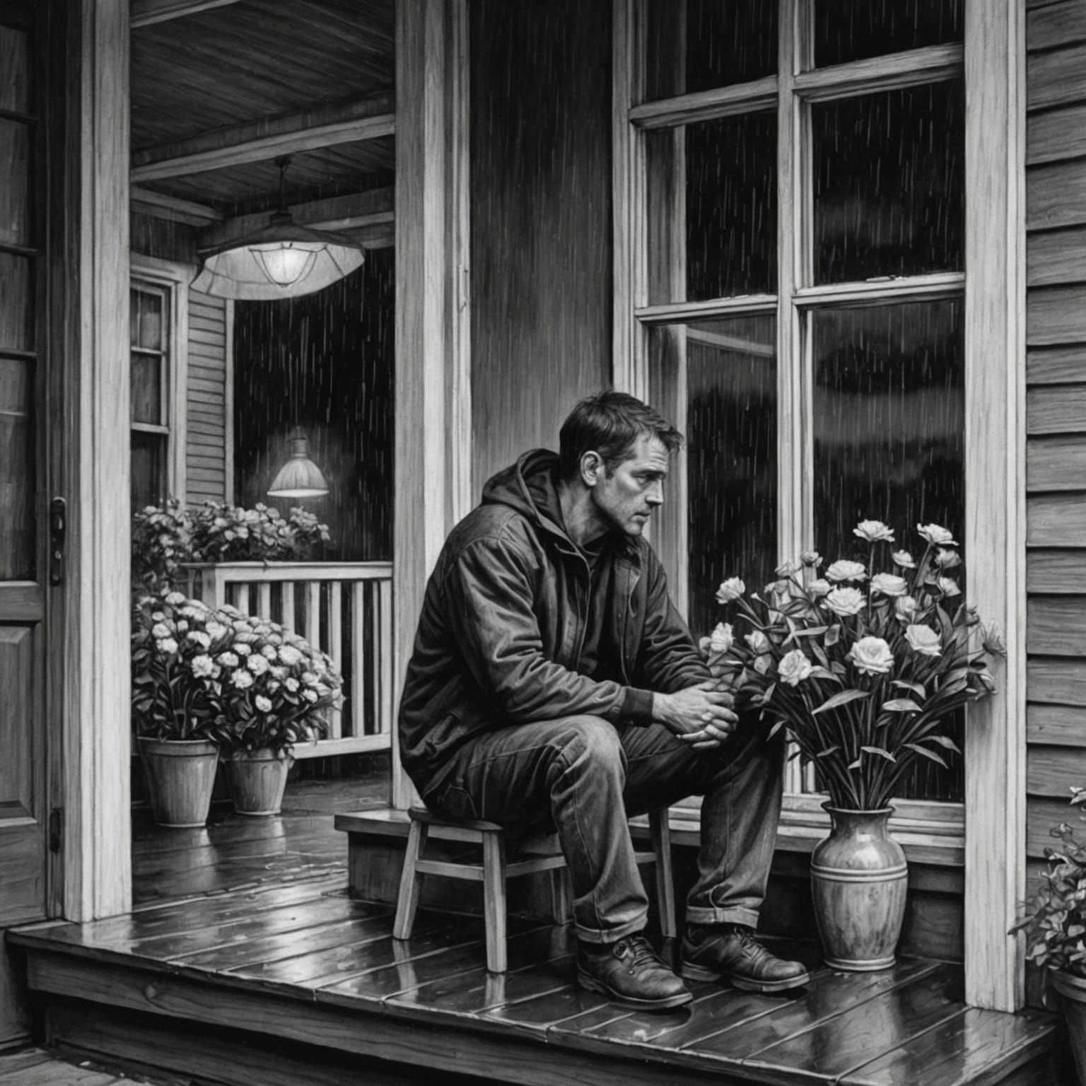 Sad Man with Flowers in Charcoal Drawing
