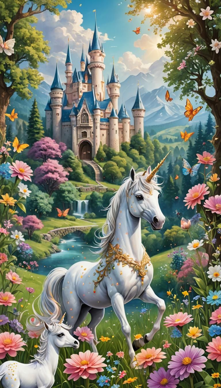 Enchanted Unicorn in a Magical Fairytale Landscape