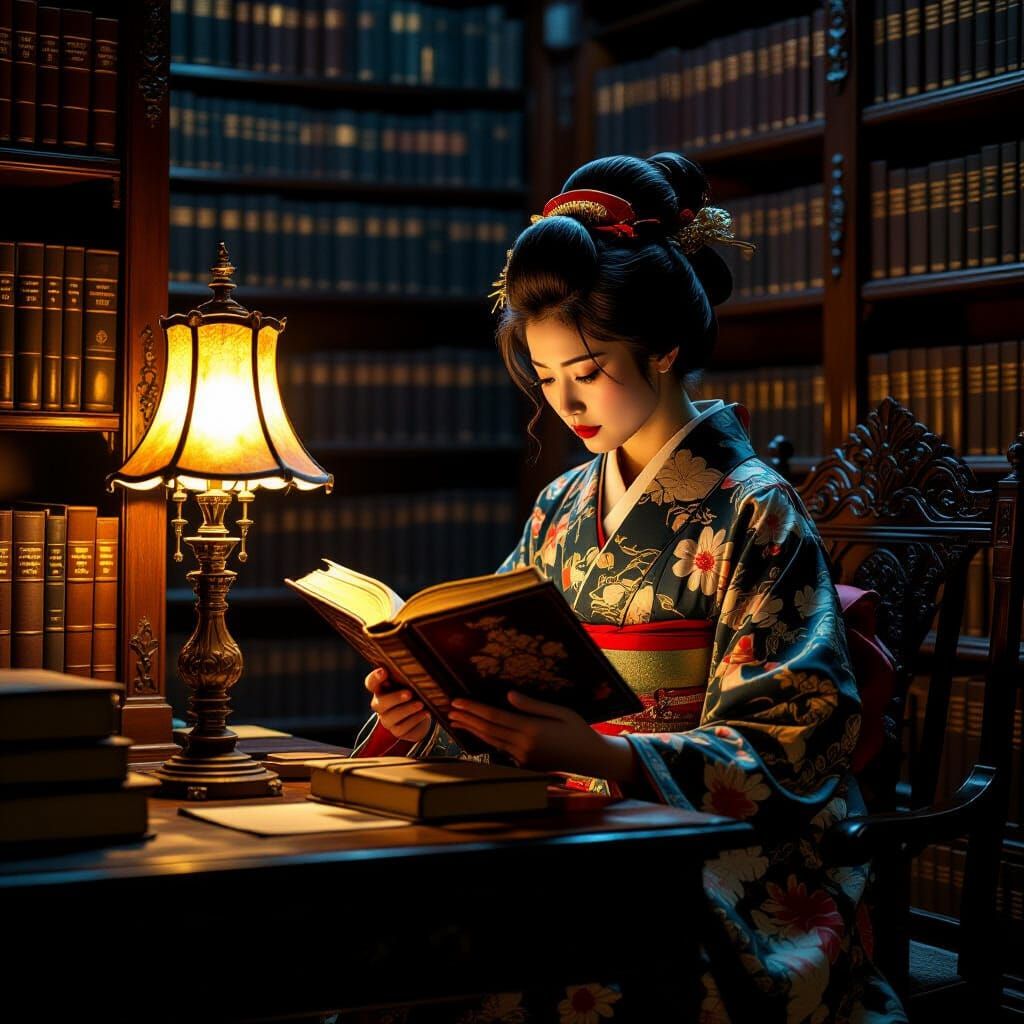 Japanese Librarian Reading by Lamplight, Trompe L'oeil