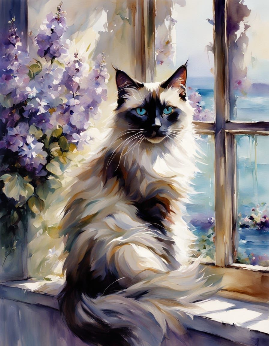 Siamese Cat on Windowsill with Ocean View