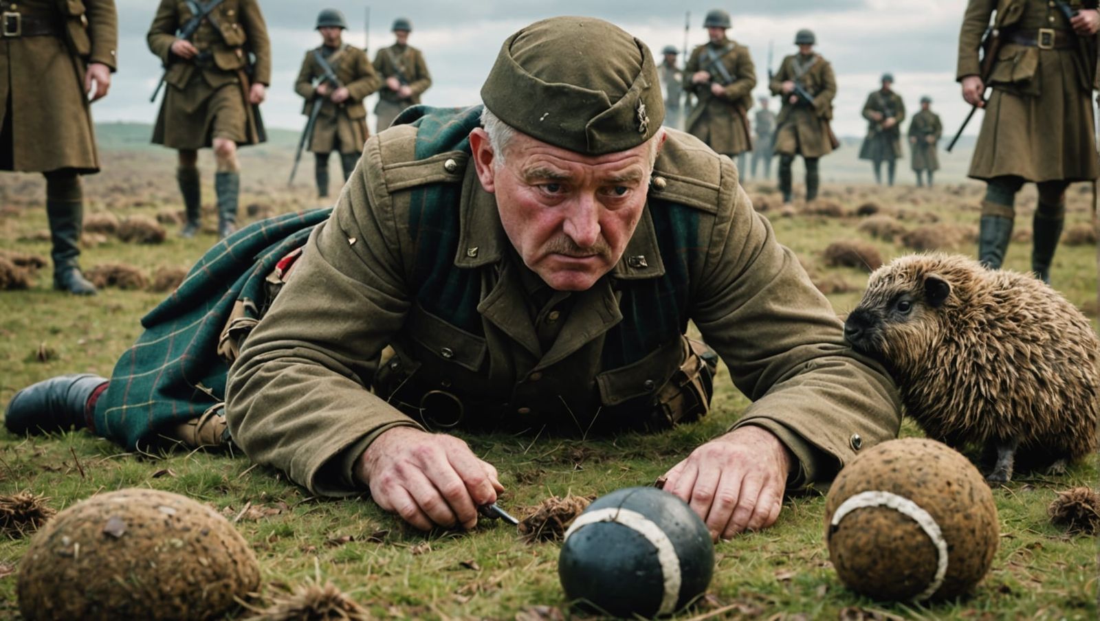 British Grenadier Comforts Wounded Haggis After Somme