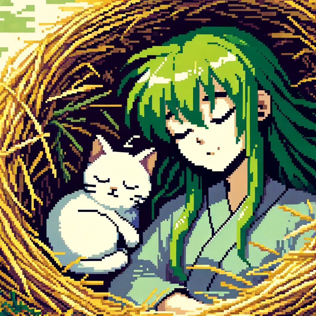 Anime Girl Slumbers Peacefully Amidst Hay with White Cat