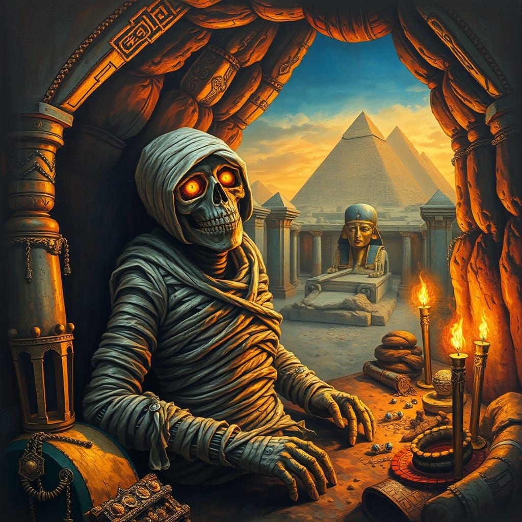 Mummy Rising from Crypt: Impasto Painting in Surreal Style