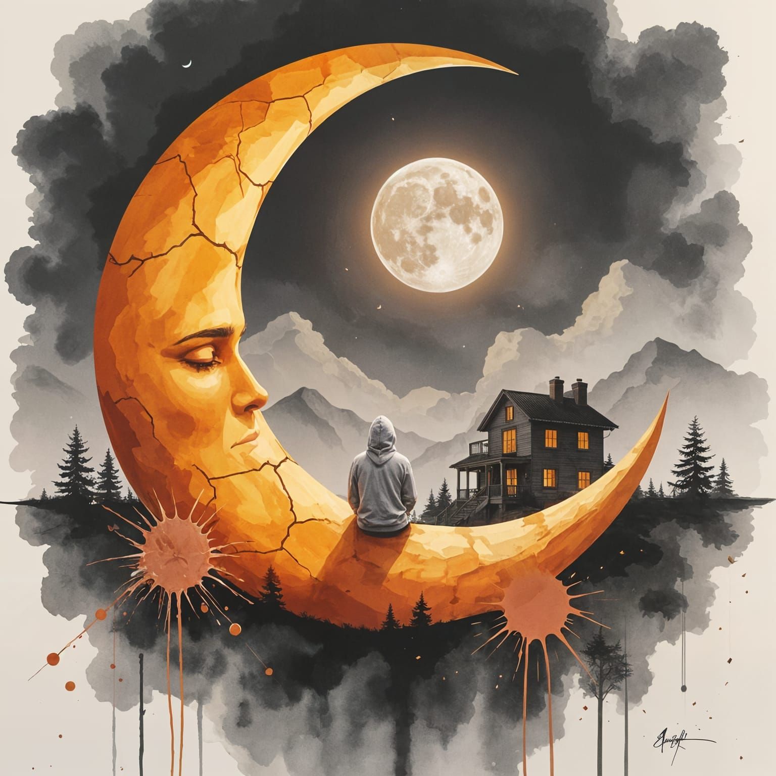 Cracked Golden Moon Cradle with Solitary Figure