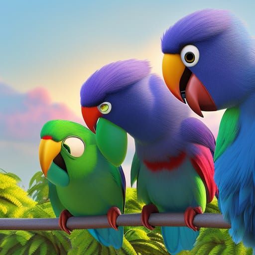 Vibrant 3D Parrots in Animated Style