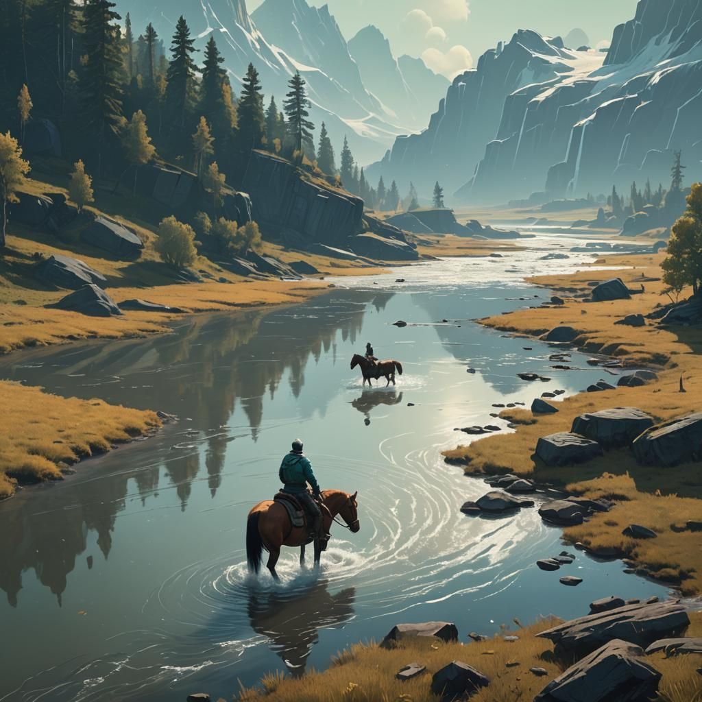 Horse and Rider in River: Fantasy Concept Art