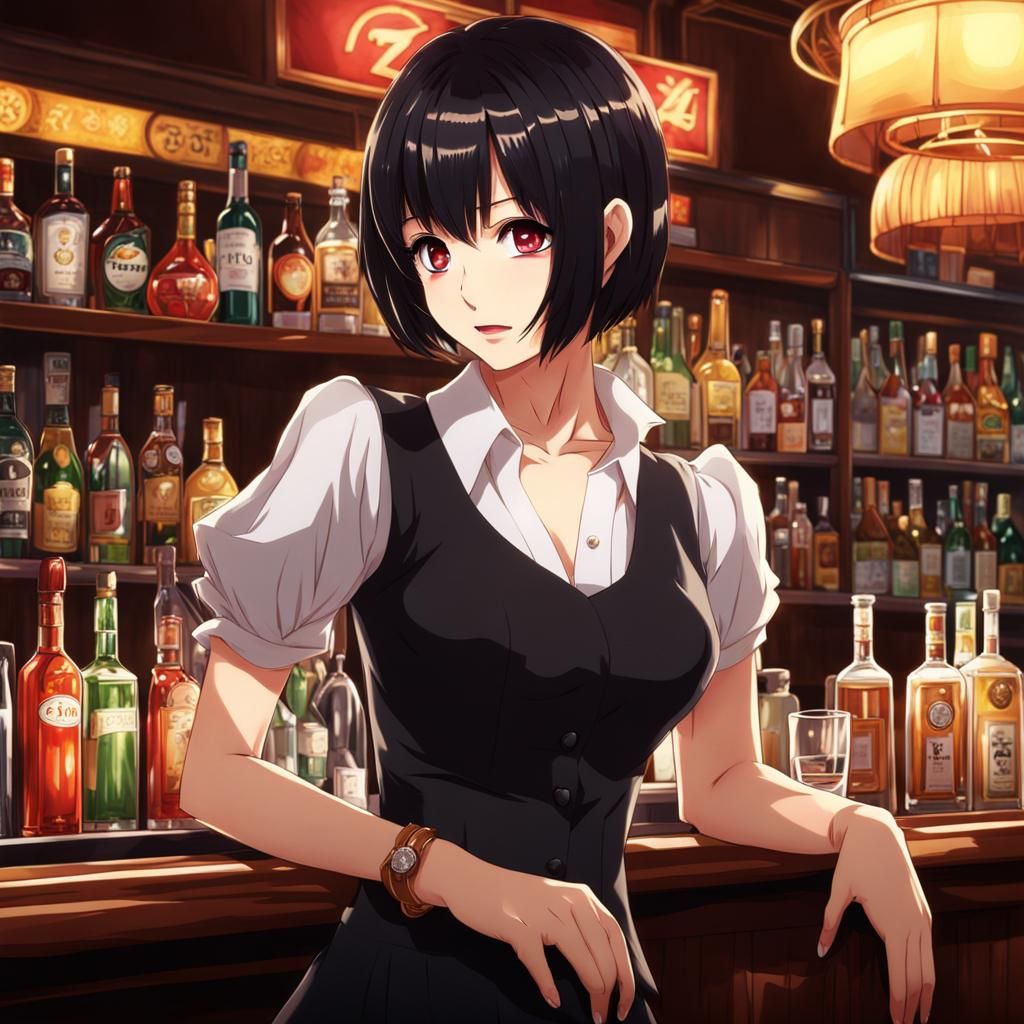 Anime Bartender Girl in Cute Japanese Bar