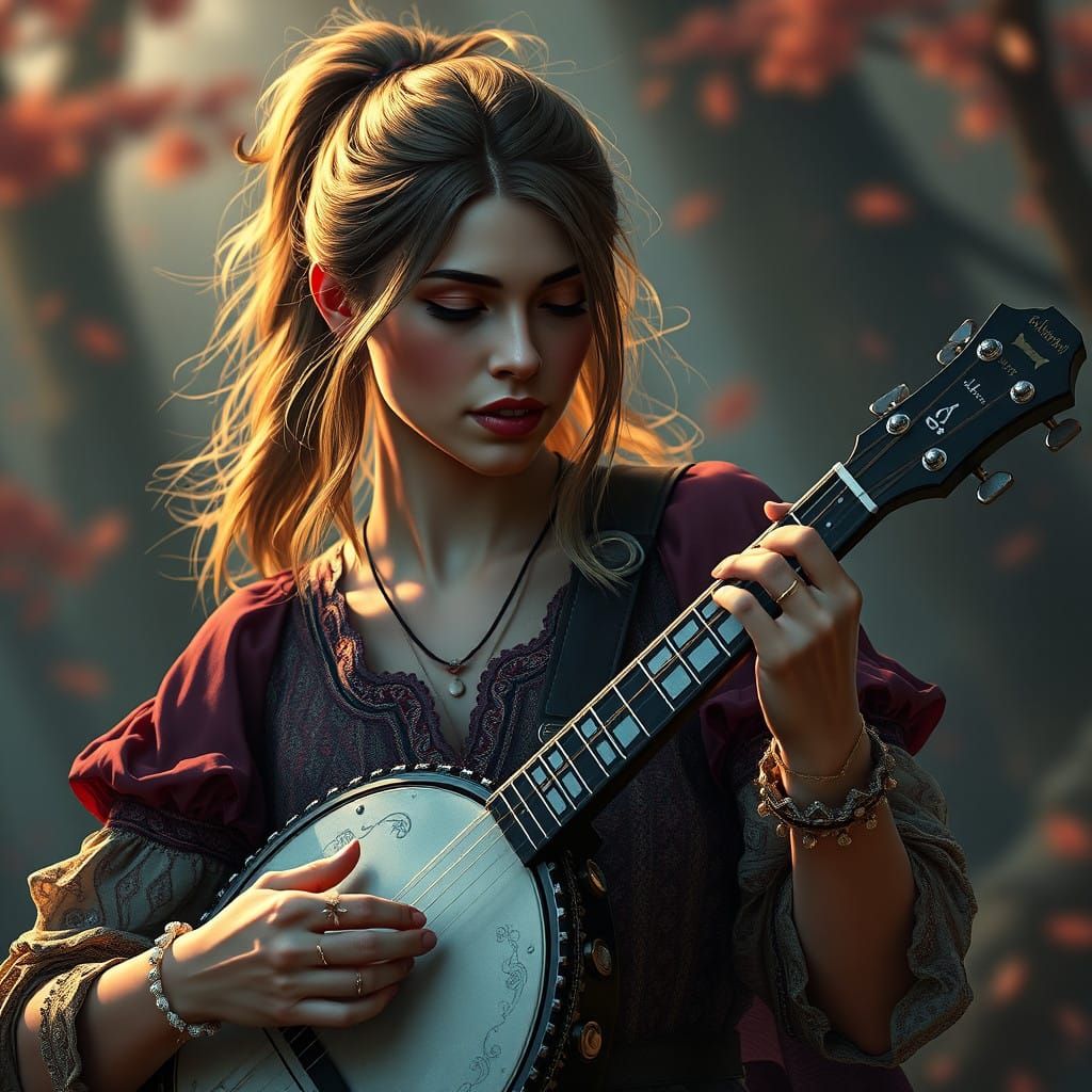 Vibrant Banjoist in Whimsical Landscape