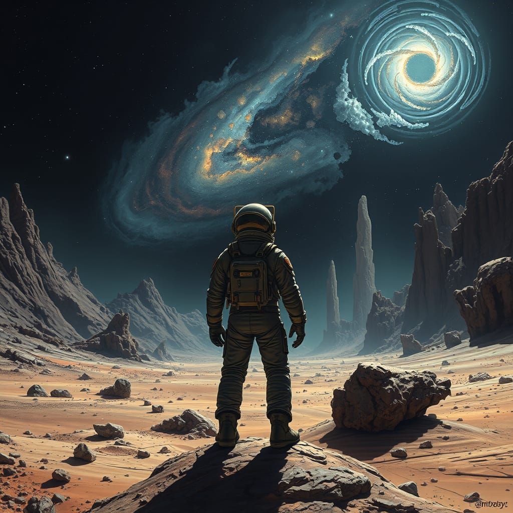 Astronaut Gazes at Nebula on Alien Planet