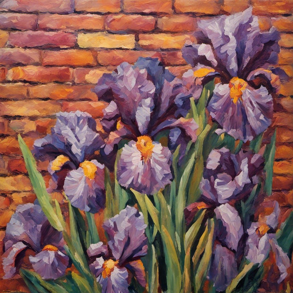 Burgundy Iris Against Brick Wall in Expressionist Style