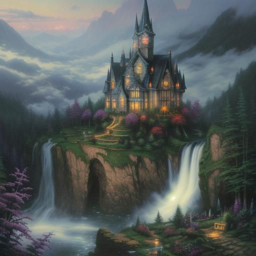 Ethereal Waterfall Fantasy in Kinkade Style