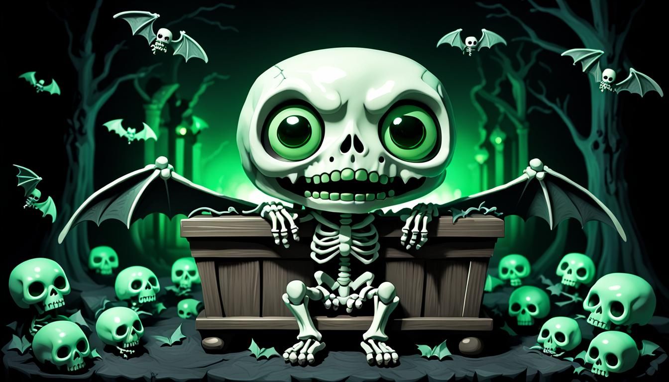 Chibi Skeleton in Casket with Bats