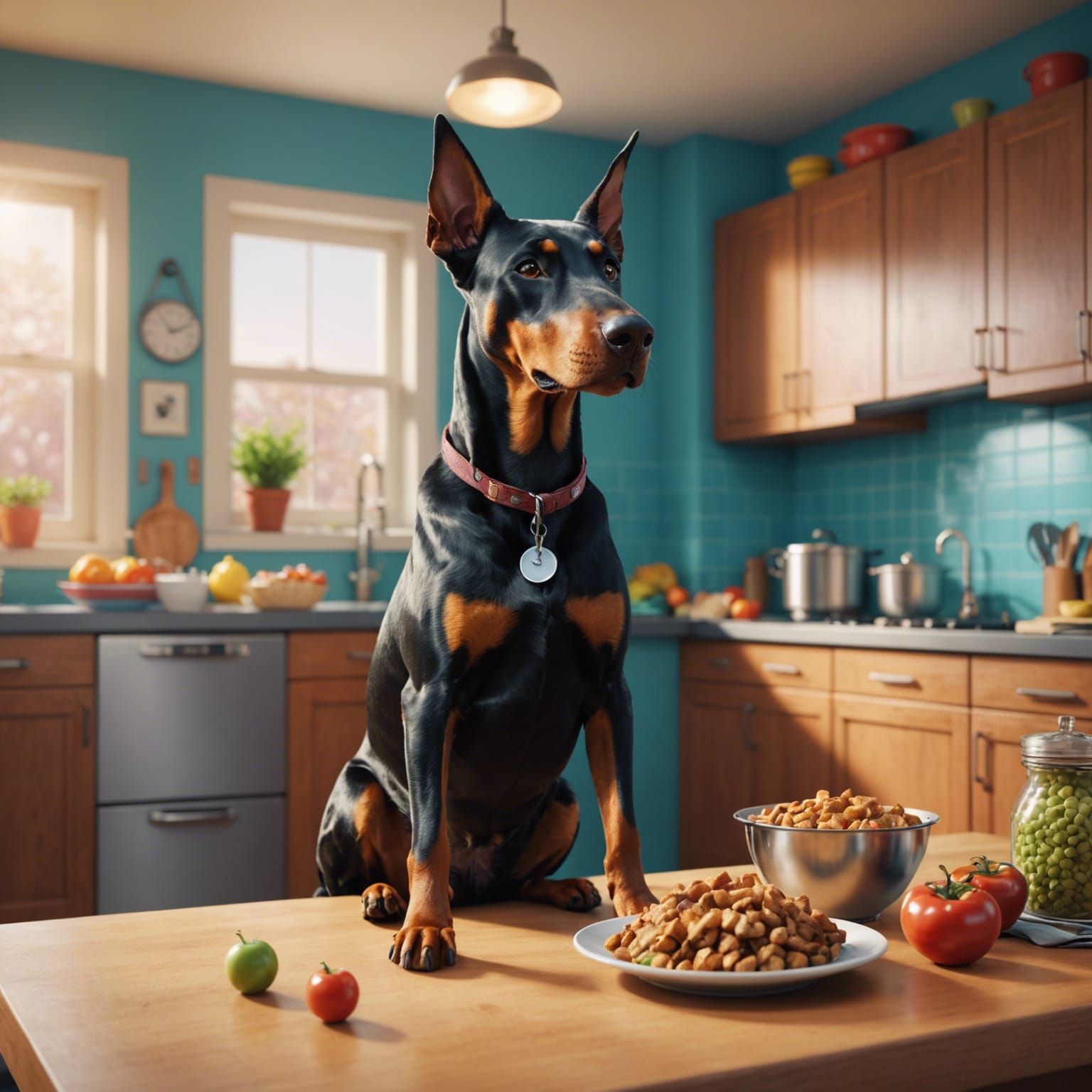 Doberman Dog's Kitchen Feast: 3D Digital Art