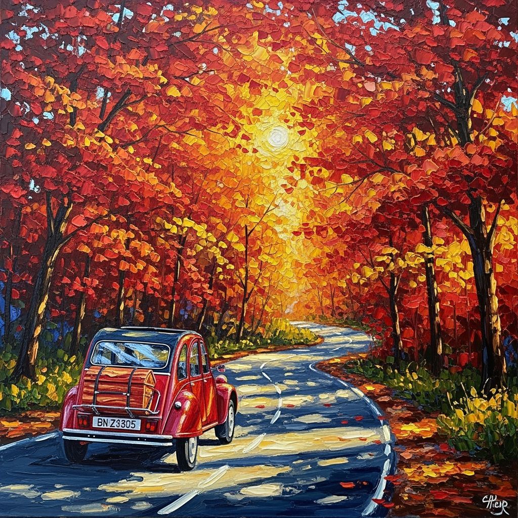 Autumn Road Trip in Neo-Impressionist Style