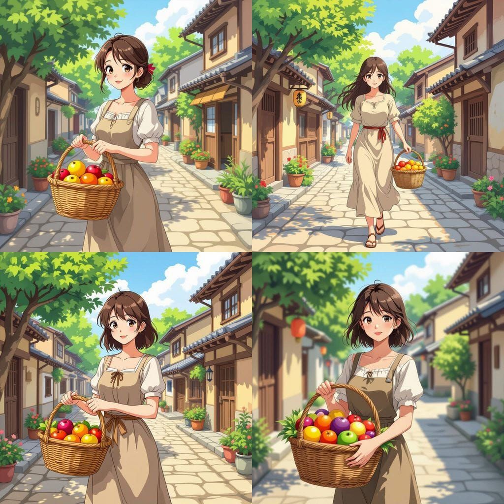 Shounen Anime Villager Woman with Fruit Basket