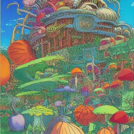 Whimsical Mushroom City Marketplace in Ghibli-Moebius Style