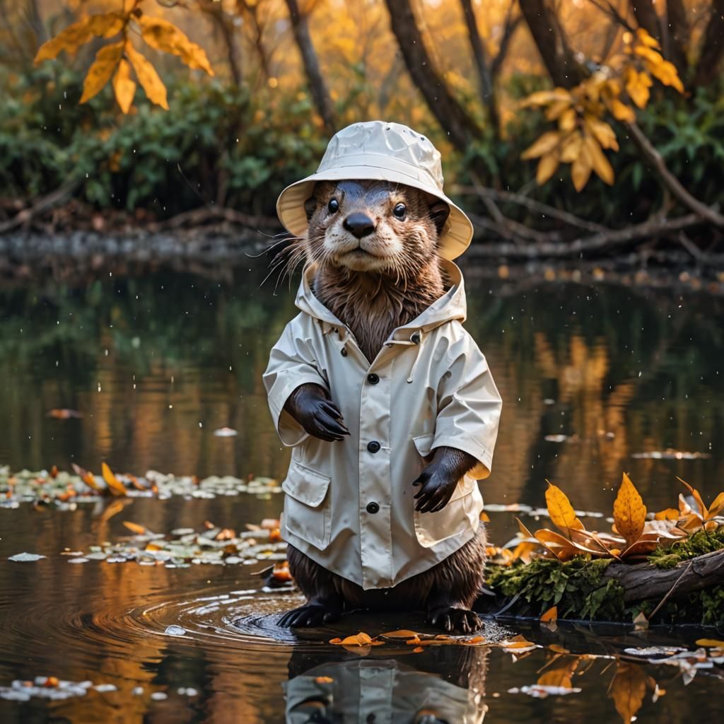 Cute adorable Otter, with white raincoat and hat