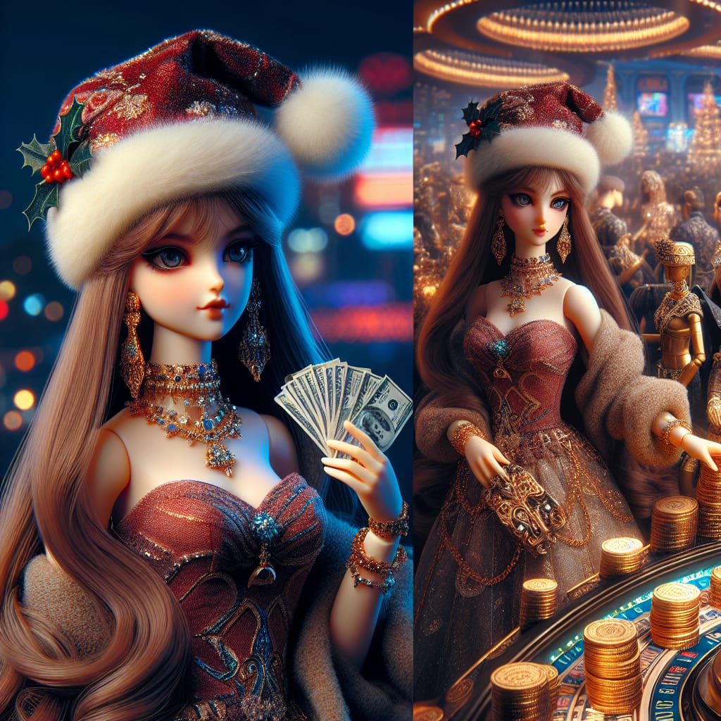 Luxurious Toy Doll in Santa Hat, Casino Setting