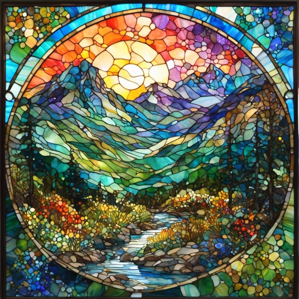 Mountain Landscape in Stained Glass Art