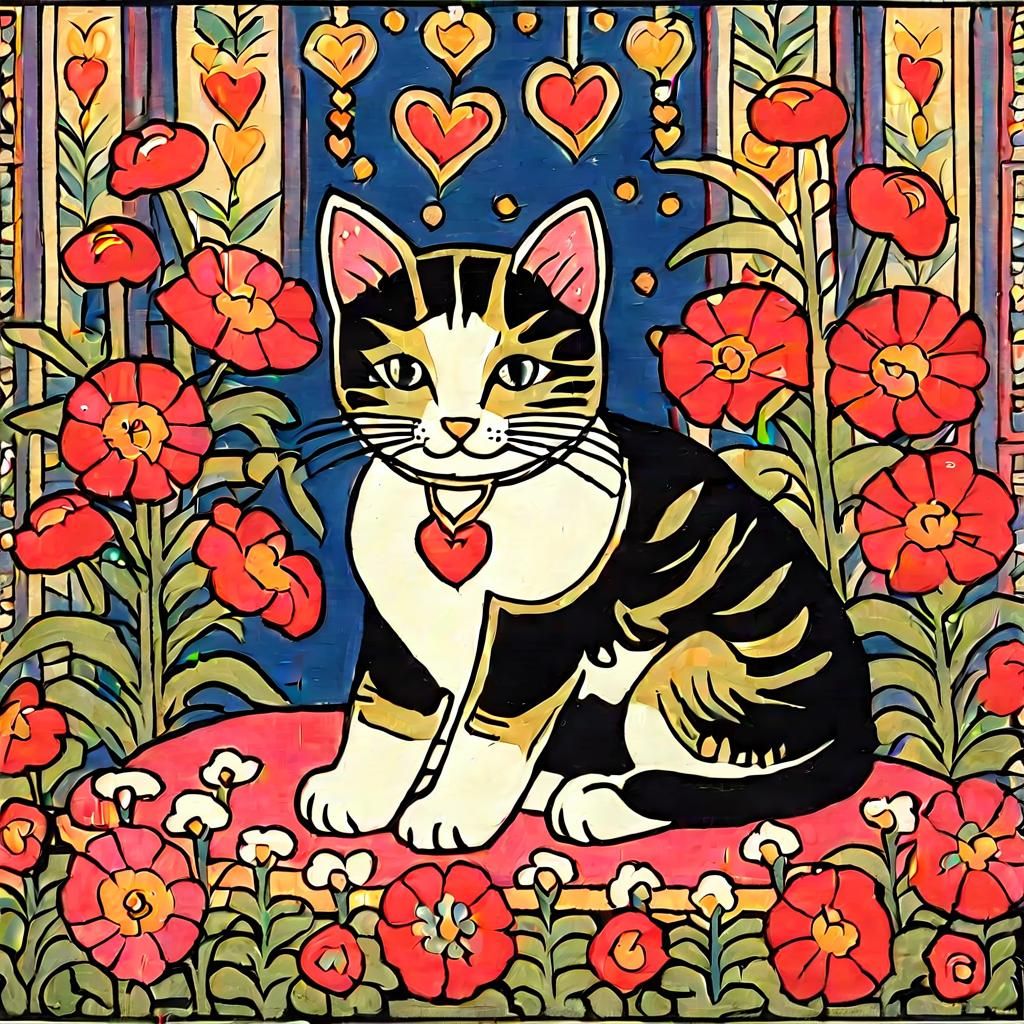 Cute Cat in Floral Scene, Colorful Impressionist Style