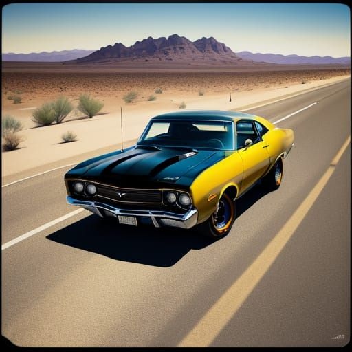 Classic Muscle Car on Desert Highway - Vibrant Oil Painting