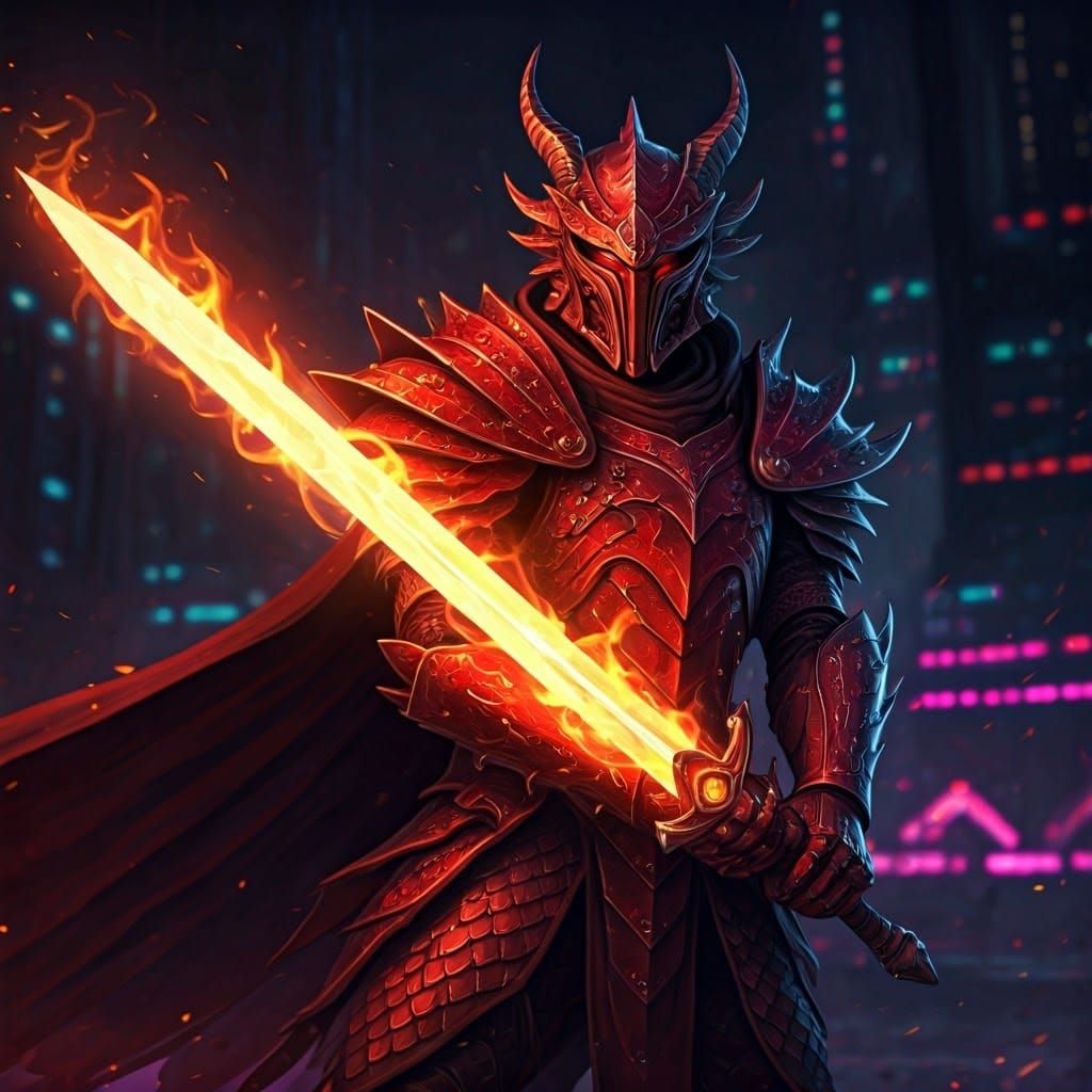Red Dragon Warrior with Flame Sword in Synthwave City