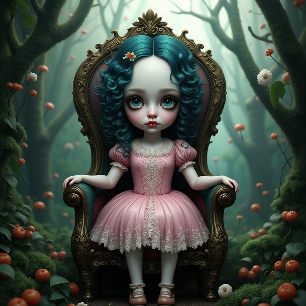 Porcelain Doll on Throne in Overgrown Garden