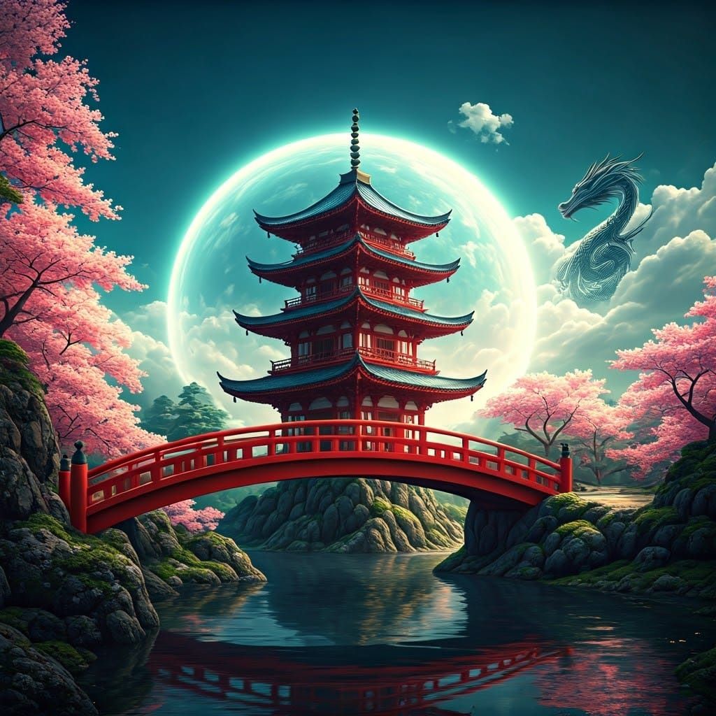 Japanese Temple with Dragon in Dreamscape Style