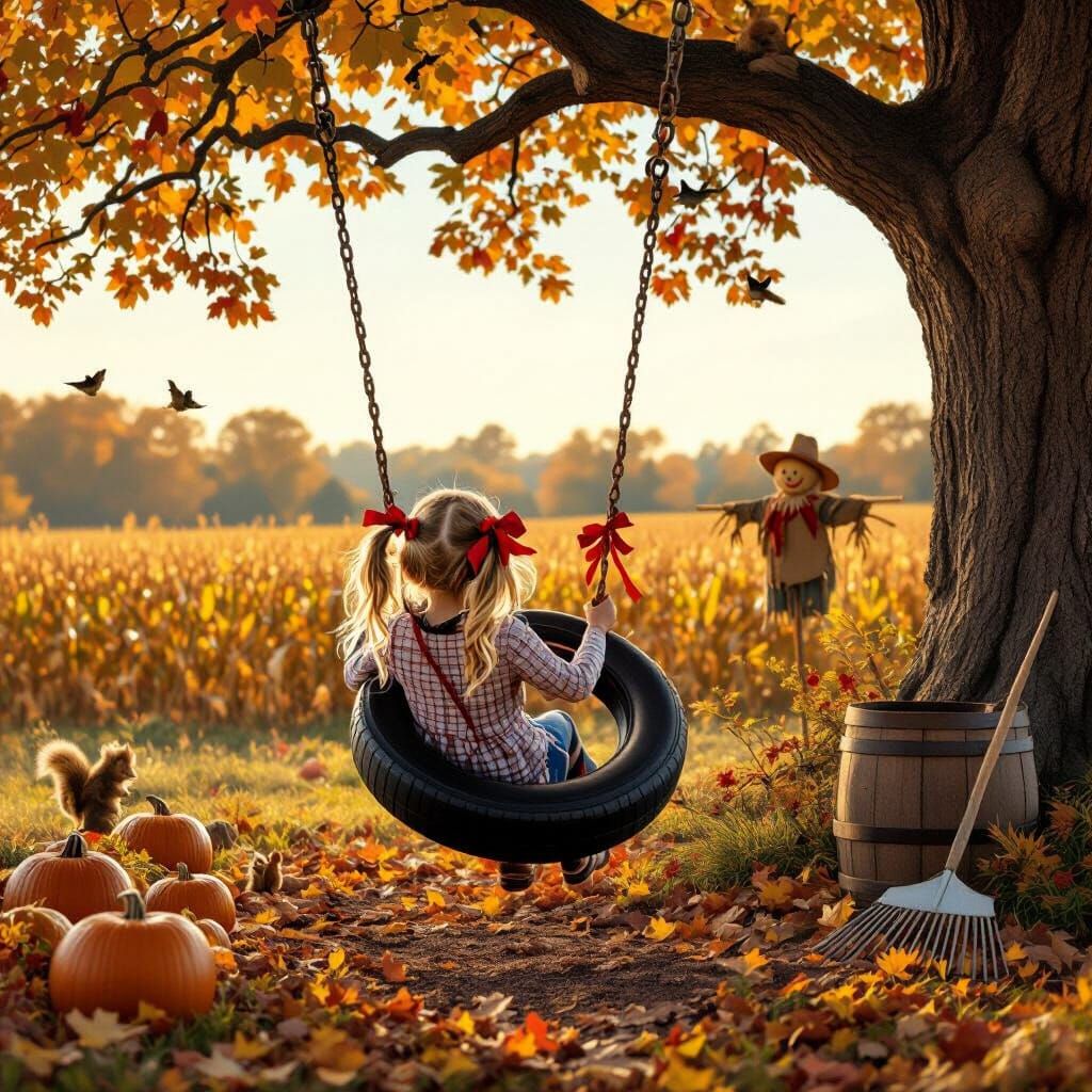 Girl Swinging on Tire Swing in Autumn Golden Hour