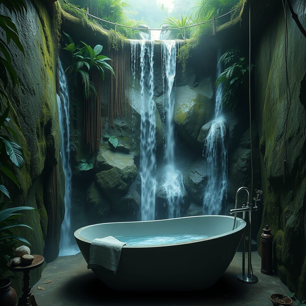 A waterfall running down one wall of a rainforest bathroom a...