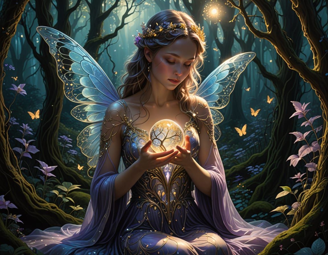 Surrealist Fairy Embracing Glowing Orb in Enchanted Forest