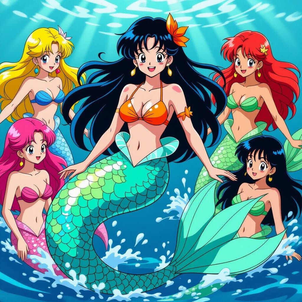 Bulma as a Mermaid with Friends in 80s Anime Style