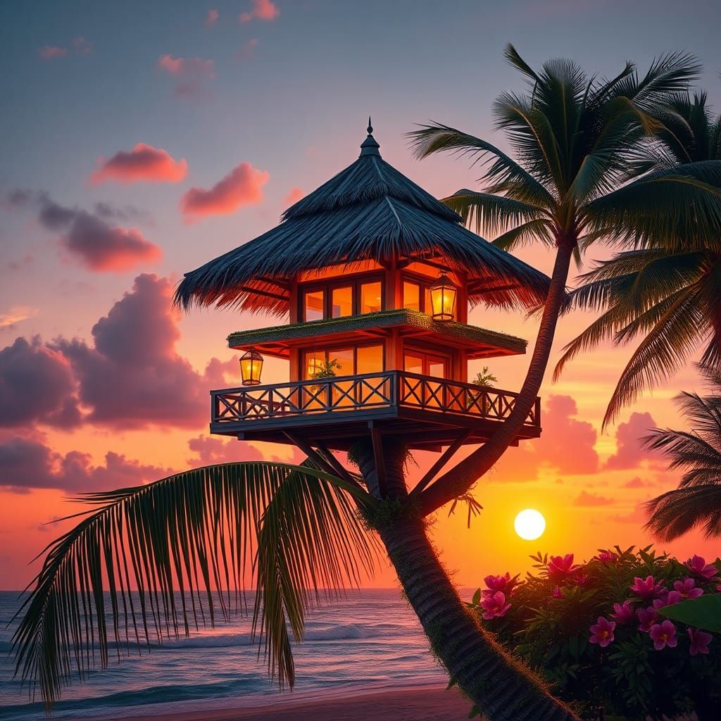 Hyper-Realistic Palm Treehouse at Sunset