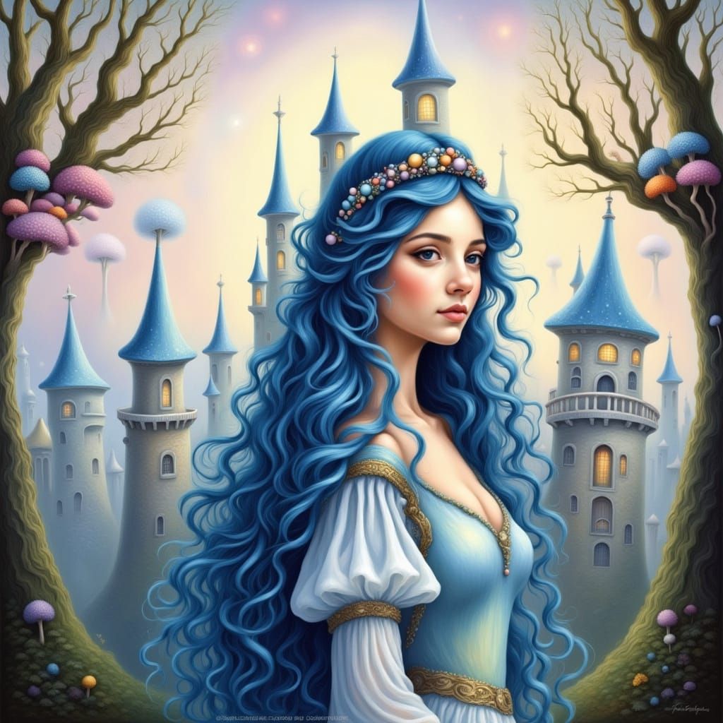 Blue-Haired Princess in Front of Castle in Fantasy Style